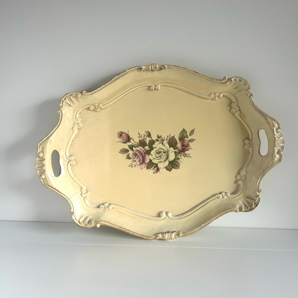Vintage Italian Handcrafted Wooden Tray with Painted Floral Design